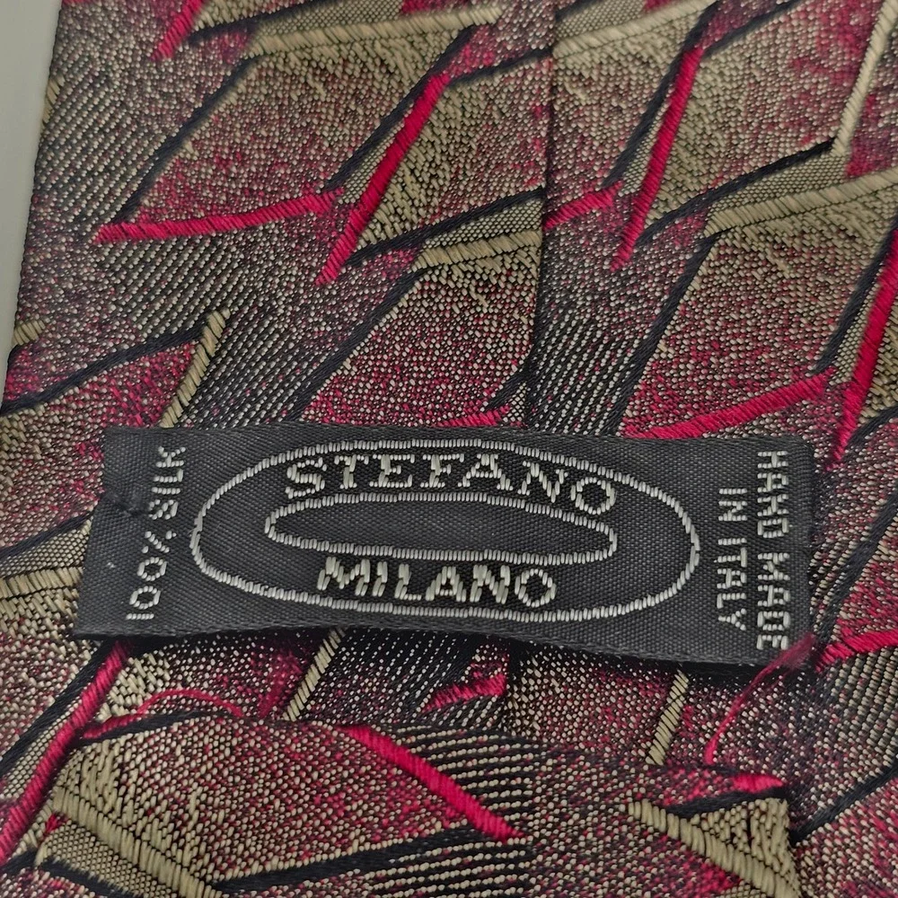 Stefano Milano Silk Tie Burgundy Pewter Geometric Art Deco Italian Hand Made‎